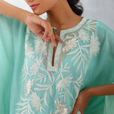 Aqua Blue Embroidered Cotton Silk Satin Kaftan Set