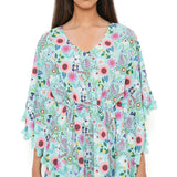 Aqua Spring Floral Garden Print Art Crepe Kaftan