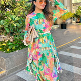 Peach Kuno Print High-Low Top With Low Crotch Pant